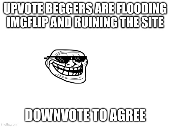 Blank White Template | UPVOTE BEGGERS ARE FLOODING IMGFLIP AND RUINING THE SITE; DOWNVOTE TO AGREE | image tagged in blank white template | made w/ Imgflip meme maker