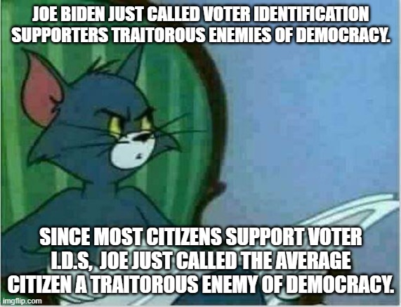 Time to increase Joe's Dementia meds. | JOE BIDEN JUST CALLED VOTER IDENTIFICATION SUPPORTERS TRAITOROUS ENEMIES OF DEMOCRACY. SINCE MOST CITIZENS SUPPORT VOTER I.D.S,  JOE JUST CALLED THE AVERAGE CITIZEN A TRAITOROUS ENEMY OF DEMOCRACY. | image tagged in tom newspaper original | made w/ Imgflip meme maker