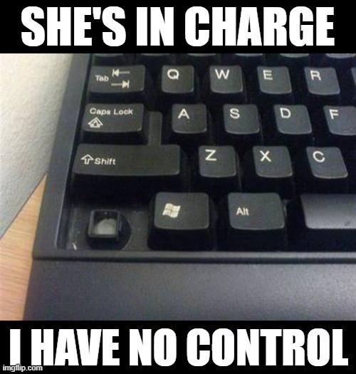 No control | SHE'S IN CHARGE; I HAVE NO CONTROL | image tagged in control,memes | made w/ Imgflip meme maker