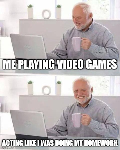 tru:) | ME PLAYING VIDEO GAMES; ACTING LIKE I WAS DOING MY HOMEWORK | image tagged in memes,hide the pain harold | made w/ Imgflip meme maker