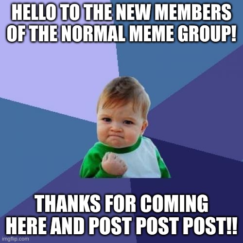Kid | HELLO TO THE NEW MEMBERS OF THE NORMAL MEME GROUP! THANKS FOR COMING HERE AND POST POST POST!! | image tagged in memes,success kid | made w/ Imgflip meme maker