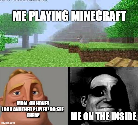 oh crap | ME PLAYING MINECRAFT; MOM: OH HONEY LOOK ANOTHER PLAYER! GO SEE 
THEM! ME ON THE INSIDE | image tagged in teacher's copy | made w/ Imgflip meme maker