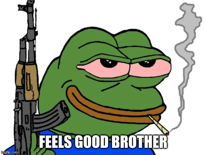pepe with gun | FEELS GOOD BROTHER | image tagged in pepe with gun | made w/ Imgflip meme maker