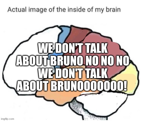 song chain in the comments pls | WE DON'T TALK ABOUT BRUNO NO NO NO
WE DON'T TALK ABOUT BRUNOOOOOOO! | image tagged in actual image of the inside of my brain,encanto | made w/ Imgflip meme maker