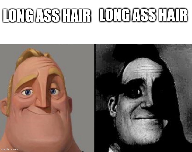 This is why commas are important | LONG ASS HAIR; LONG ASS HAIR | image tagged in blank white template,traumatized mr incredible | made w/ Imgflip meme maker