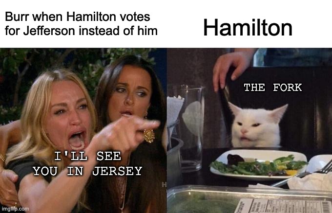 Woman Yelling At Cat | Burr when Hamilton votes for Jefferson instead of him; Hamilton; THE FORK; I'LL SEE YOU IN JERSEY | image tagged in memes,woman yelling at cat | made w/ Imgflip meme maker