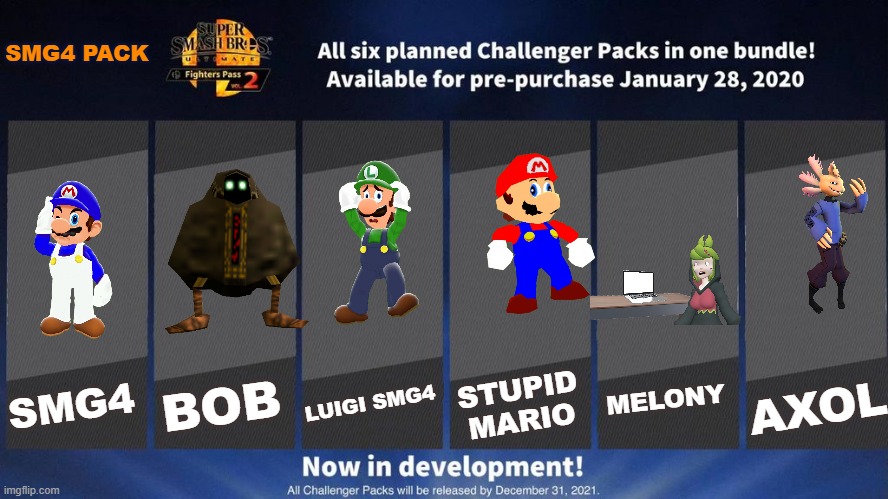 smg4 pack | SMG4 PACK; LUIGI SMG4; BOB; STUPID MARIO; MELONY; AXOL; SMG4 | image tagged in fighters pass vol 2 meme version 3 | made w/ Imgflip meme maker