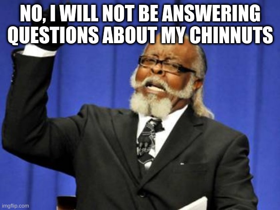 chinnuts | NO, I WILL NOT BE ANSWERING QUESTIONS ABOUT MY CHINNUTS | image tagged in memes,too damn high | made w/ Imgflip meme maker