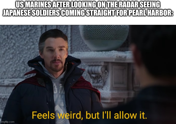 Feels Weird, but I'll Allow It. | US MARINES AFTER LOOKING ON THE RADAR SEEING JAPANESE SOLDIERS COMING STRAIGHT FOR PEARL HARBOR: | image tagged in feels weird but i'll allow it | made w/ Imgflip meme maker