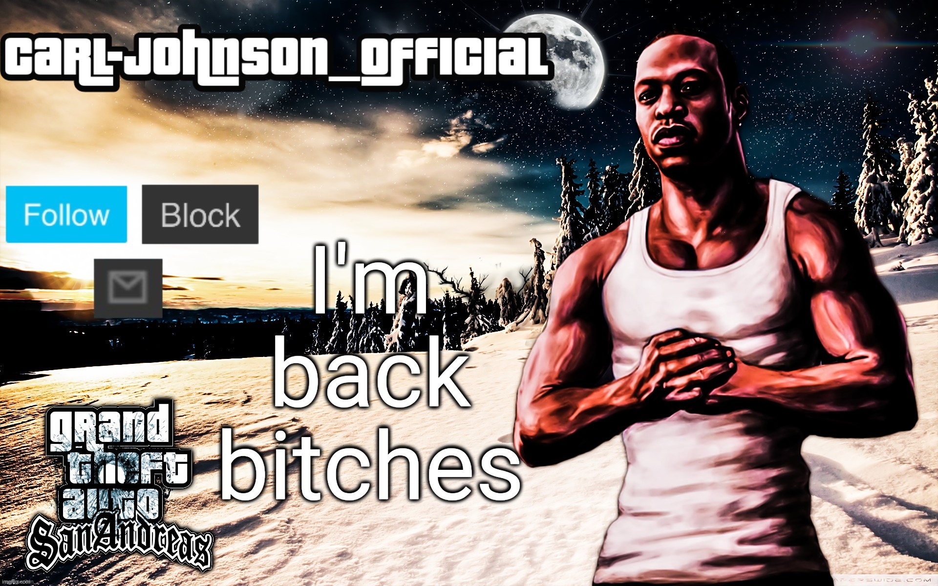 Carl-Johnson_Official template | I'm back bitches | image tagged in carl-johnson_official template | made w/ Imgflip meme maker