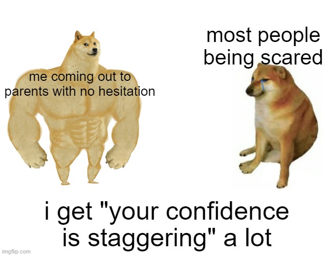 my confidence | most people being scared; me coming out to parents with no hesitation; i get "your confidence is staggering" a lot | image tagged in memes,buff doge vs cheems,lgbtq,lgbt,gay,confidence | made w/ Imgflip meme maker