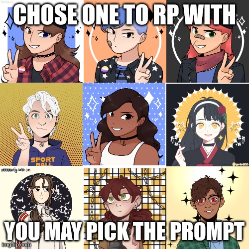No joke or op ocs, sfw | CHOSE ONE TO RP WITH; YOU MAY PICK THE PROMPT | image tagged in memes,blank transparent square | made w/ Imgflip meme maker