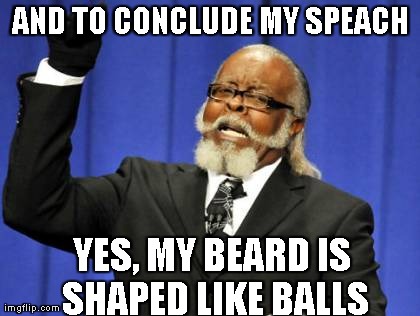 BALLS BEARD SPEACH | AND TO CONCLUDE MY SPEACH YES, MY BEARD IS SHAPED LIKE BALLS | image tagged in memes,too damn high | made w/ Imgflip meme maker