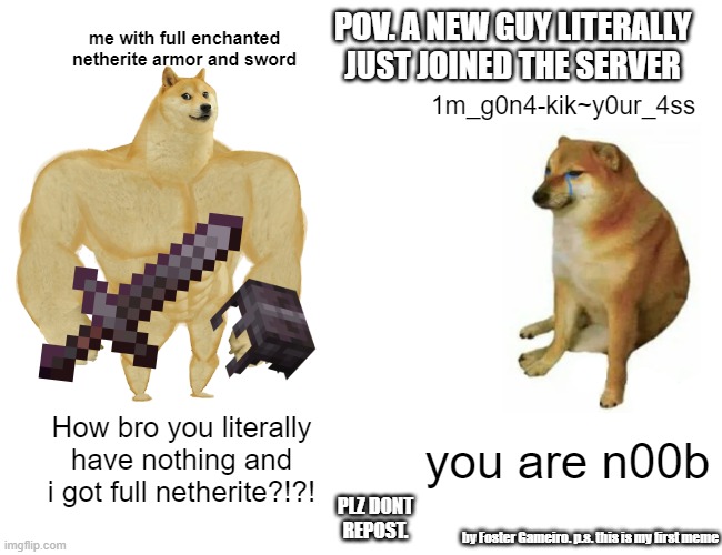 Buff Doge vs. Cheems Meme | POV. A NEW GUY LITERALLY JUST JOINED THE SERVER; me with full enchanted netherite armor and sword; 1m_g0n4-kik~y0ur_4ss; How bro you literally have nothing and i got full netherite?!?! you are n00b; PLZ DONT REPOST. by Foster Gameiro. p.s. this is my first meme | image tagged in memes,buff doge vs cheems | made w/ Imgflip meme maker