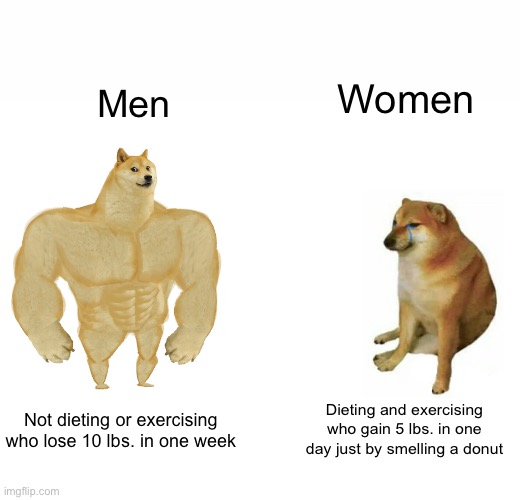 Battle of the sexes | Women; Men; Dieting and exercising who gain 5 lbs. in one day just by smelling a donut; Not dieting or exercising who lose 10 lbs. in one week | image tagged in memes,buff doge vs cheems,dieting,exercise,women,men | made w/ Imgflip meme maker