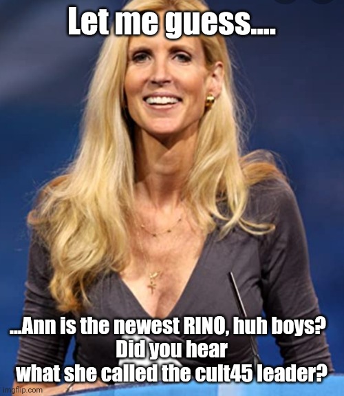 Eating you own, newest edition. | Let me guess.... ...Ann is the newest RINO, huh boys?  
Did you hear what she called the cult45 leader? | image tagged in coulter skeletor | made w/ Imgflip meme maker