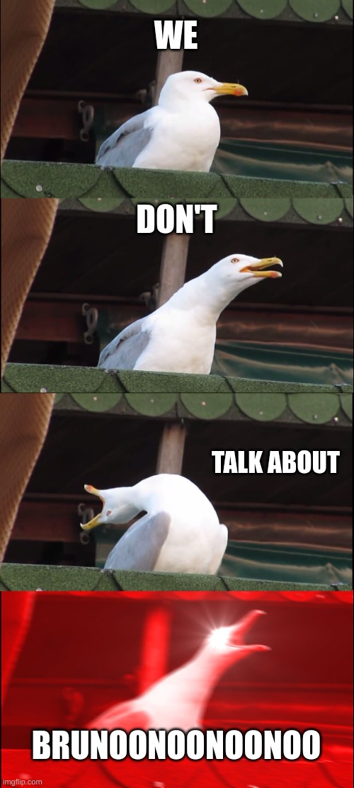 Inhaling Seagull Meme | WE; DON'T; TALK ABOUT; BRUNOONOONOONOO | image tagged in memes,inhaling seagull,funny | made w/ Imgflip meme maker