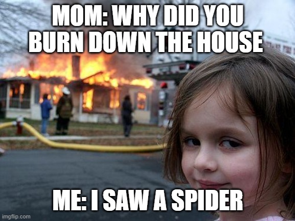 Disaster Girl | MOM: WHY DID YOU BURN DOWN THE HOUSE; ME: I SAW A SPIDER | image tagged in memes,disaster girl | made w/ Imgflip meme maker