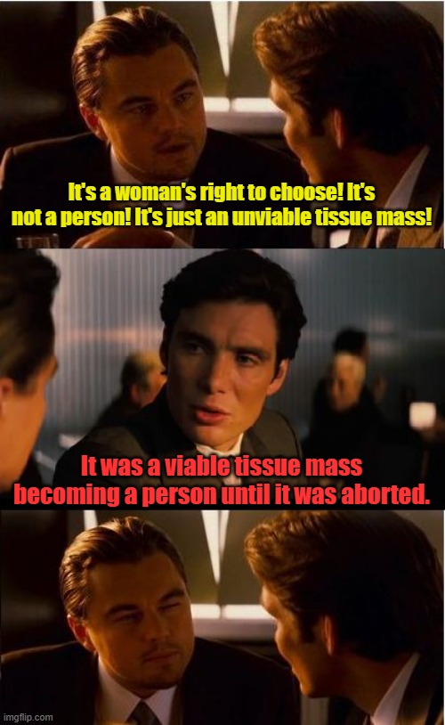 Conception | It's a woman's right to choose! It's not a person! It's just an unviable tissue mass! It was a viable tissue mass becoming a person until it was aborted. | image tagged in memes,inception | made w/ Imgflip meme maker