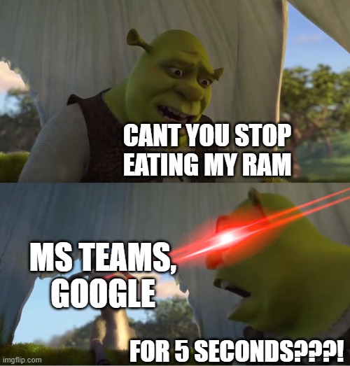 my ram ;-; | CANT YOU STOP EATING MY RAM; MS TEAMS, GOOGLE; FOR 5 SECONDS???! | image tagged in shrek for five minutes | made w/ Imgflip meme maker