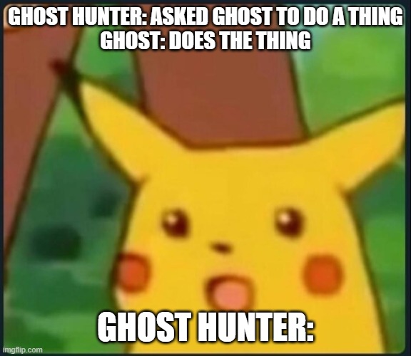 Ghost Hunters' Fake Reactions | GHOST HUNTER: ASKED GHOST TO DO A THING
GHOST: DOES THE THING; GHOST HUNTER: | image tagged in surprised pikachu | made w/ Imgflip meme maker