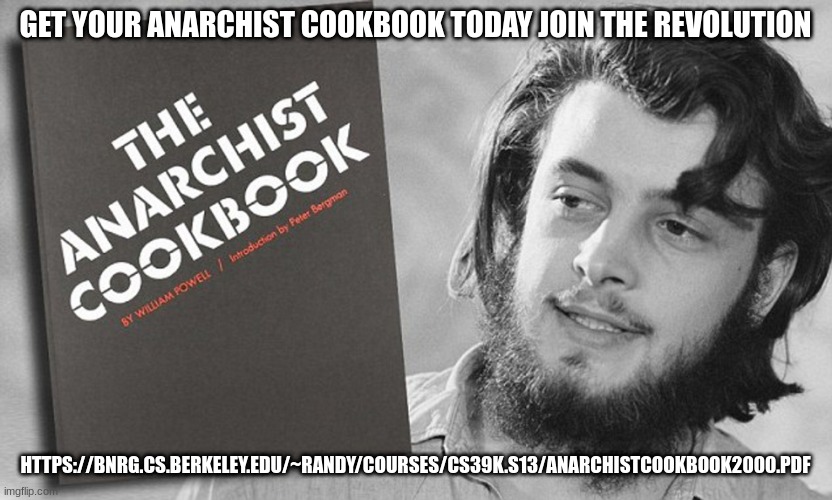 https://bnrg.cs.berkeley.edu/~randy/Courses/CS39K.S13/anarchistcookbook2000.pdf | GET YOUR ANARCHIST COOKBOOK TODAY JOIN THE REVOLUTION; HTTPS://BNRG.CS.BERKELEY.EDU/~RANDY/COURSES/CS39K.S13/ANARCHISTCOOKBOOK2000.PDF | image tagged in anarchist cookbook version 2000 | made w/ Imgflip meme maker