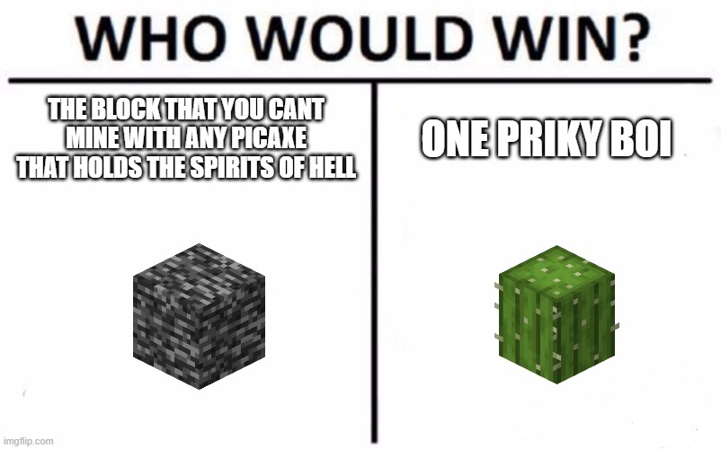 Who Would Win? | THE BLOCK THAT YOU CANT MINE WITH ANY PICAXE THAT HOLDS THE SPIRITS OF HELL; ONE PRIKY BOI | image tagged in memes,who would win | made w/ Imgflip meme maker
