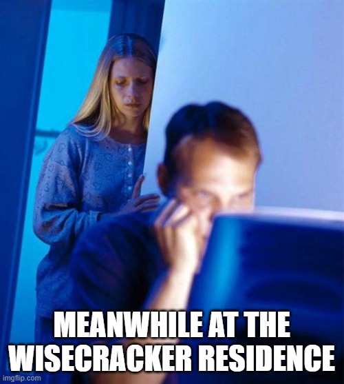 Redditor's Wife Meme | MEANWHILE AT THE WISECRACKER RESIDENCE | image tagged in memes,redditor's wife | made w/ Imgflip meme maker