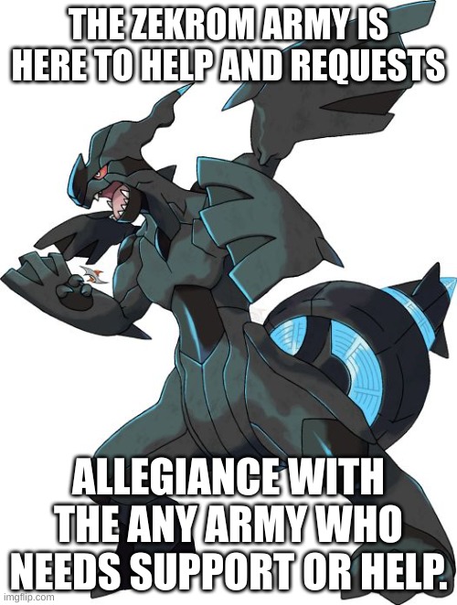 Ready to help! | THE ZEKROM ARMY IS HERE TO HELP AND REQUESTS; ALLEGIANCE WITH THE ANY ARMY WHO NEEDS SUPPORT OR HELP. | image tagged in zekrom | made w/ Imgflip meme maker