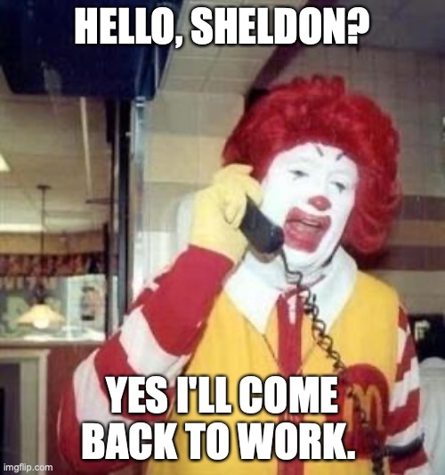 Plan McD | HELLO, SHELDON? YES I'LL COME BACK TO WORK. | image tagged in fun | made w/ Imgflip meme maker