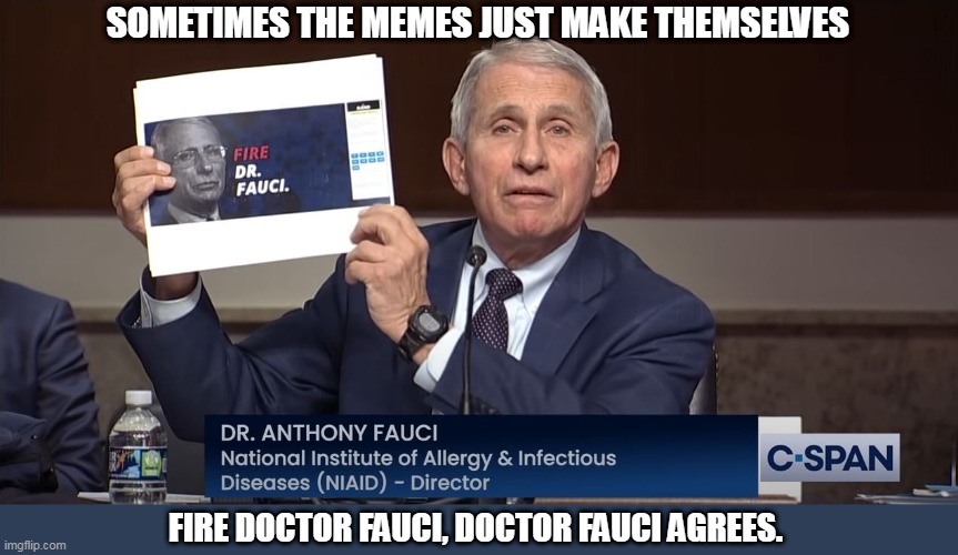 "Never hold up a piece of paper or you'll become a meme." - Tim Pool | SOMETIMES THE MEMES JUST MAKE THEMSELVES; FIRE DOCTOR FAUCI, DOCTOR FAUCI AGREES. | image tagged in fauci,dr fauci,memes,covid,vaccines,pandemic | made w/ Imgflip meme maker