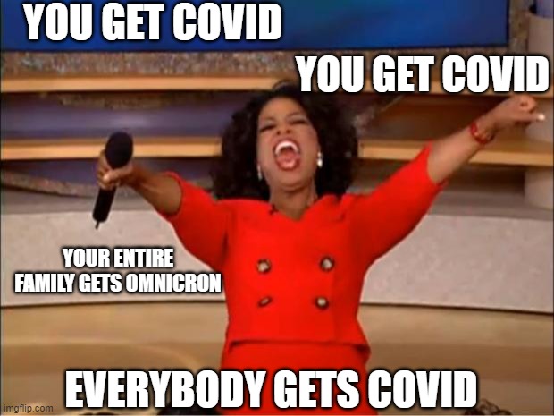 Oprah You Get A Meme | YOU GET COVID; YOU GET COVID; YOUR ENTIRE FAMILY GETS OMNICRON; EVERYBODY GETS COVID | image tagged in memes,oprah you get a | made w/ Imgflip meme maker