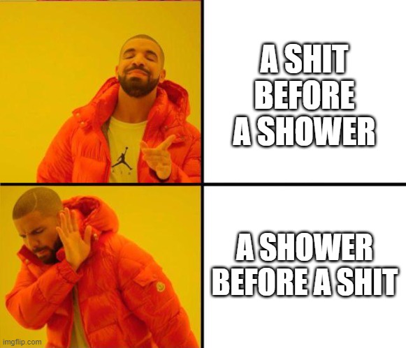 Don't get the order wrong | A SHIT BEFORE A SHOWER; A SHOWER BEFORE A SHIT | image tagged in drake yes no reverse | made w/ Imgflip meme maker