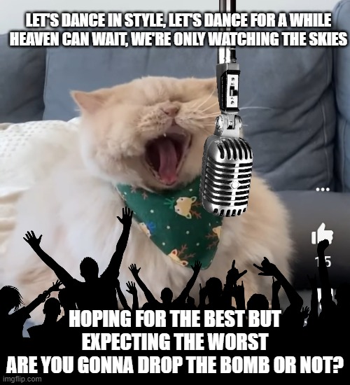 forever young - alphaville | LET'S DANCE IN STYLE, LET'S DANCE FOR A WHILE
HEAVEN CAN WAIT, WE'RE ONLY WATCHING THE SKIES; HOPING FOR THE BEST BUT EXPECTING THE WORST
ARE YOU GONNA DROP THE BOMB OR NOT? | image tagged in yawning fat cat,singing,cat,concert | made w/ Imgflip meme maker