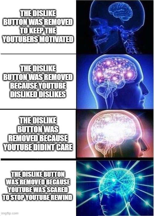 dislikes are dislikes. | THE DISLIKE BUTTON WAS REMOVED TO KEEP THE YOUTUBERS MOTIVATED; THE DISLIKE BUTTON WAS REMOVED BECAUSE YOUTUBE DISLIKED DISLIKES; THE DISLIKE BUTTON WAS REMOVED BECAUSE YOUTUBE DIDINT CARE; THE DISLIKE BUTTON WAS REMOVED BECAUSE YOUTUBE WAS SCARED TO STOP YOUTUBE REWIND | image tagged in memes,expanding brain | made w/ Imgflip meme maker