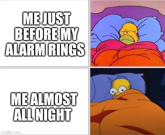Homer Simpson sleeping | ME JUST BEFORE MY ALARM RINGS; ME ALMOST ALL NIGHT | image tagged in homer simpson sleeping | made w/ Imgflip meme maker