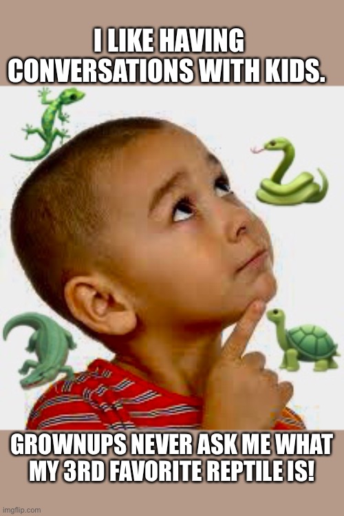 Reptile kid | I LIKE HAVING CONVERSATIONS WITH KIDS. GROWNUPS NEVER ASK ME WHAT MY 3RD FAVORITE REPTILE IS! | image tagged in reptile,kids,grownups | made w/ Imgflip meme maker