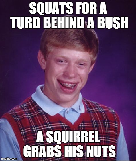 Bad Luck Brian Meme | SQUATS FOR A TURD BEHIND A BUSH A SQUIRREL GRABS HIS NUTS | image tagged in memes,bad luck brian | made w/ Imgflip meme maker