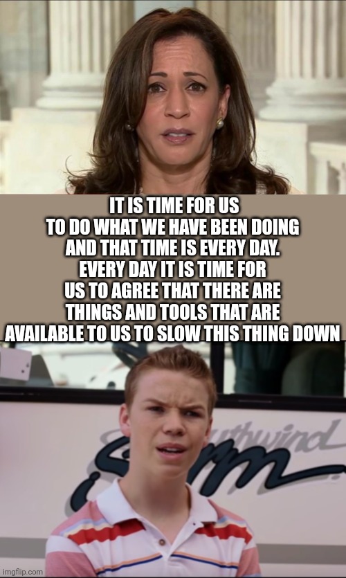 IT IS TIME FOR US TO DO WHAT WE HAVE BEEN DOING AND THAT TIME IS EVERY DAY. EVERY DAY IT IS TIME FOR US TO AGREE THAT THERE ARE THINGS AND TOOLS THAT ARE AVAILABLE TO US TO SLOW THIS THING DOWN | image tagged in kamala harris,you guys are getting paid | made w/ Imgflip meme maker