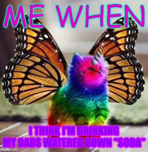 I accidentally drank beer? | ME WHEN; I THINK I'M DRINKING MY DADS WATERED DOWN "SODA" | image tagged in rainbow unicorn butterfly kitten,oops | made w/ Imgflip meme maker