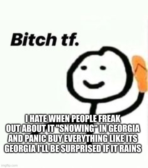 ughhhhhhhbnfekjgtuchgbjtiwu3qcroijlkm., v | I HATE WHEN PEOPLE FREAK OUT ABOUT IT "SNOWING" IN GEORGIA AND PANIC BUY EVERYTHING LIKE ITS GEORGIA I'LL BE SURPRISED IF IT RAINS | image tagged in bitch tf | made w/ Imgflip meme maker