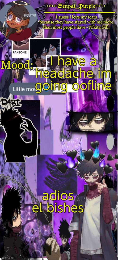 Dabi Temp :D | I have a headache im going oofline; adios el bishes | image tagged in yes i made this a temp yet another anime boy temp uwu | made w/ Imgflip meme maker