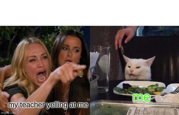 Woman Yelling At Cat | me; my teacher yelling at me | image tagged in memes,woman yelling at cat | made w/ Imgflip meme maker