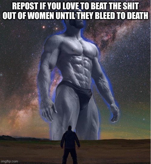 omega chad | REPOST IF YOU LOVE TO BEAT THE SHIT OUT OF WOMEN UNTIL THEY BLEED TO DEATH | image tagged in omega chad | made w/ Imgflip meme maker