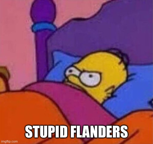 angry homer simpson in bed | STUPID FLANDERS | image tagged in angry homer simpson in bed | made w/ Imgflip meme maker