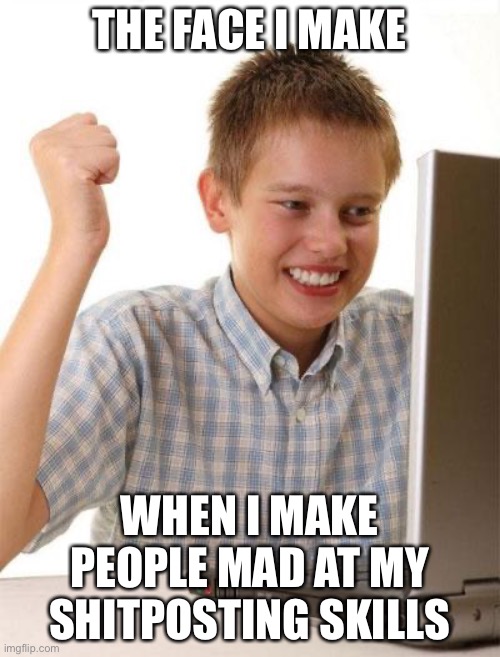Shitposting skillz |  THE FACE I MAKE; WHEN I MAKE PEOPLE MAD AT MY SHITPOSTING SKILLS | image tagged in memes,first day on the internet kid | made w/ Imgflip meme maker