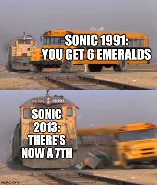 A train hitting a school bus | SONIC 1991: YOU GET 6 EMERALDS; SONIC 2013: THERE'S NOW A 7TH | image tagged in a train hitting a school bus | made w/ Imgflip meme maker