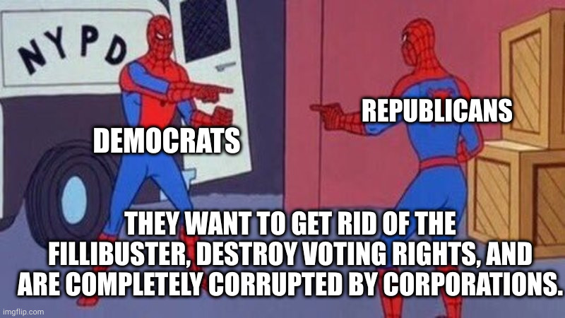the mirror | REPUBLICANS; DEMOCRATS; THEY WANT TO GET RID OF THE FILLIBUSTER, DESTROY VOTING RIGHTS, AND ARE COMPLETELY CORRUPTED BY CORPORATIONS. | image tagged in spiderman pointing at spiderman | made w/ Imgflip meme maker