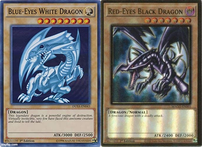 Blue Eyes White Dragon And Red Eyes Black Dragon | image tagged in blank white template | made w/ Imgflip meme maker