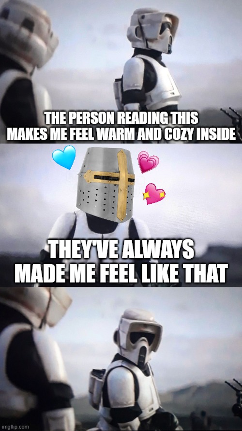 ....what?.....its true | THE PERSON READING THIS MAKES ME FEEL WARM AND COZY INSIDE; THEY'VE ALWAYS MADE ME FEEL LIKE THAT | image tagged in storm trooper conversation,wholesome,crusader | made w/ Imgflip meme maker